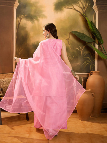 Boat Neck Sleeveless Organza Straight Kurta With Sharara & Dupatta