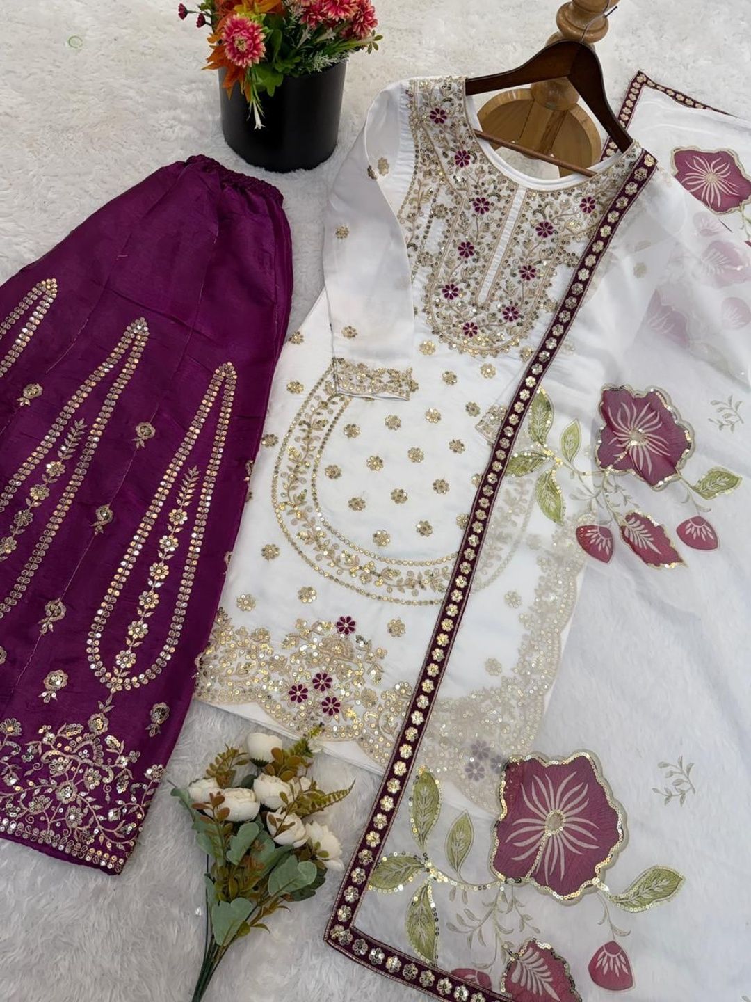Dhiyona KL Women Ethnic Motifs Embroidered Regular Sequinned Kurta with Sharara & With Dupatta