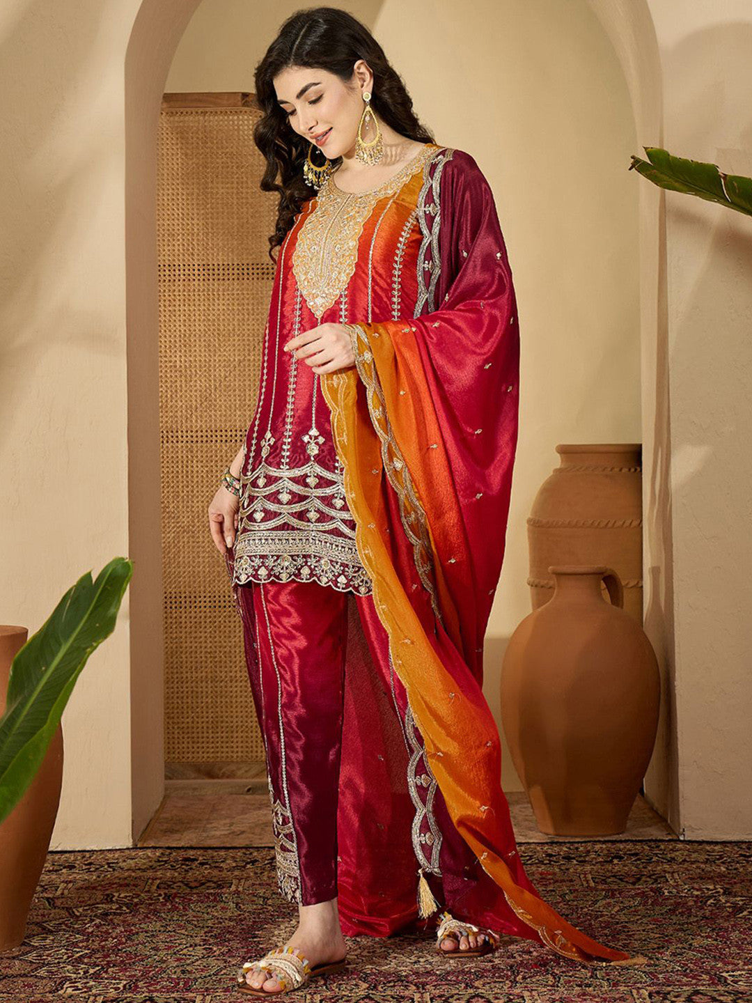Floral Embroidered Round Neck Sequinned Kurta With Trouser & Dupatta