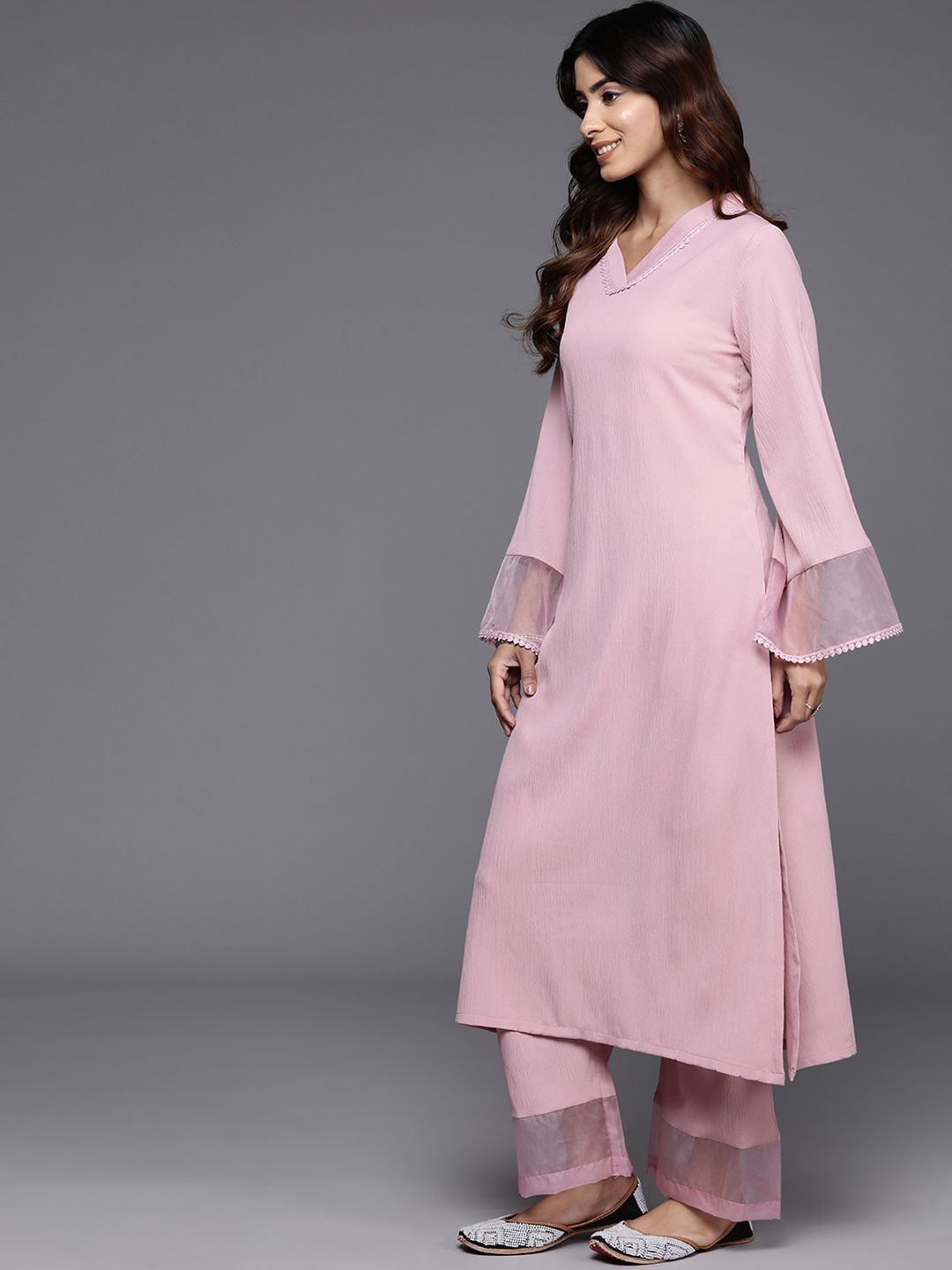 Pink Pink Flared Sleeve Organza detailed Solid Kurta & Palazzo