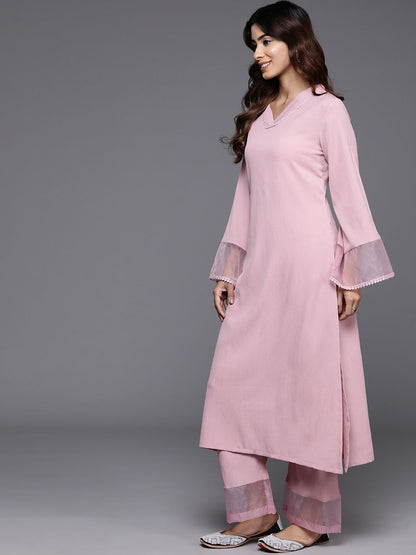 Pink Pink Flared Sleeve Organza detailed Solid Kurta & Palazzo