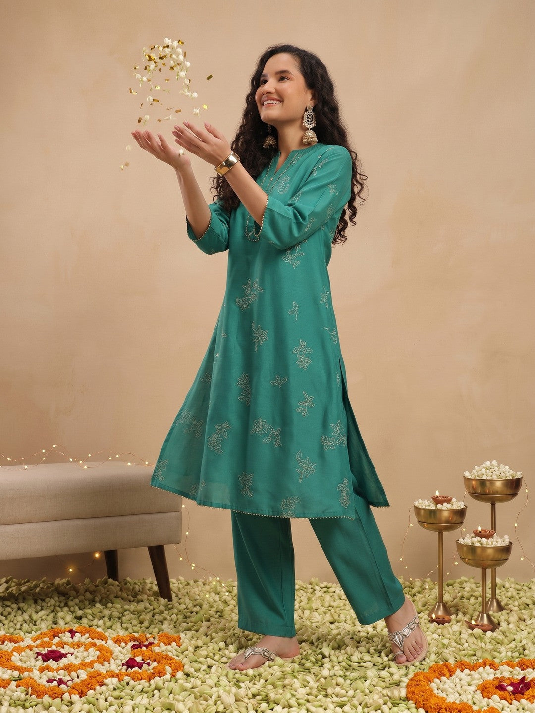 Floral Foil Printed A-Line Kurta with Trousers