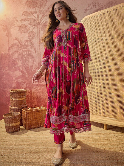 Women Festive Embroidered Anarkali Kurta Set With Tasseled Dupatta