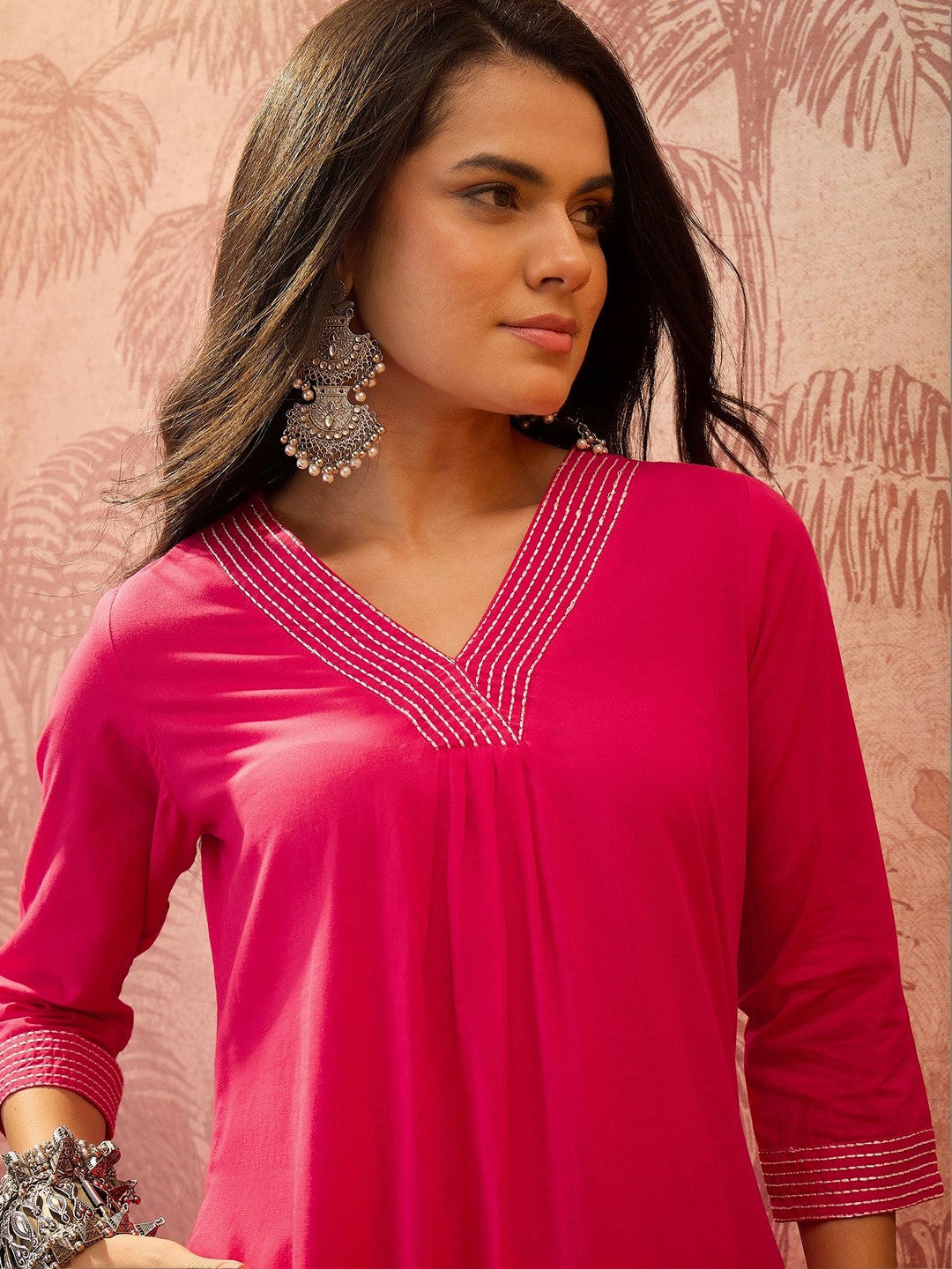 Women Regular Thread Work Pure Cotton Kurta with Trousers
