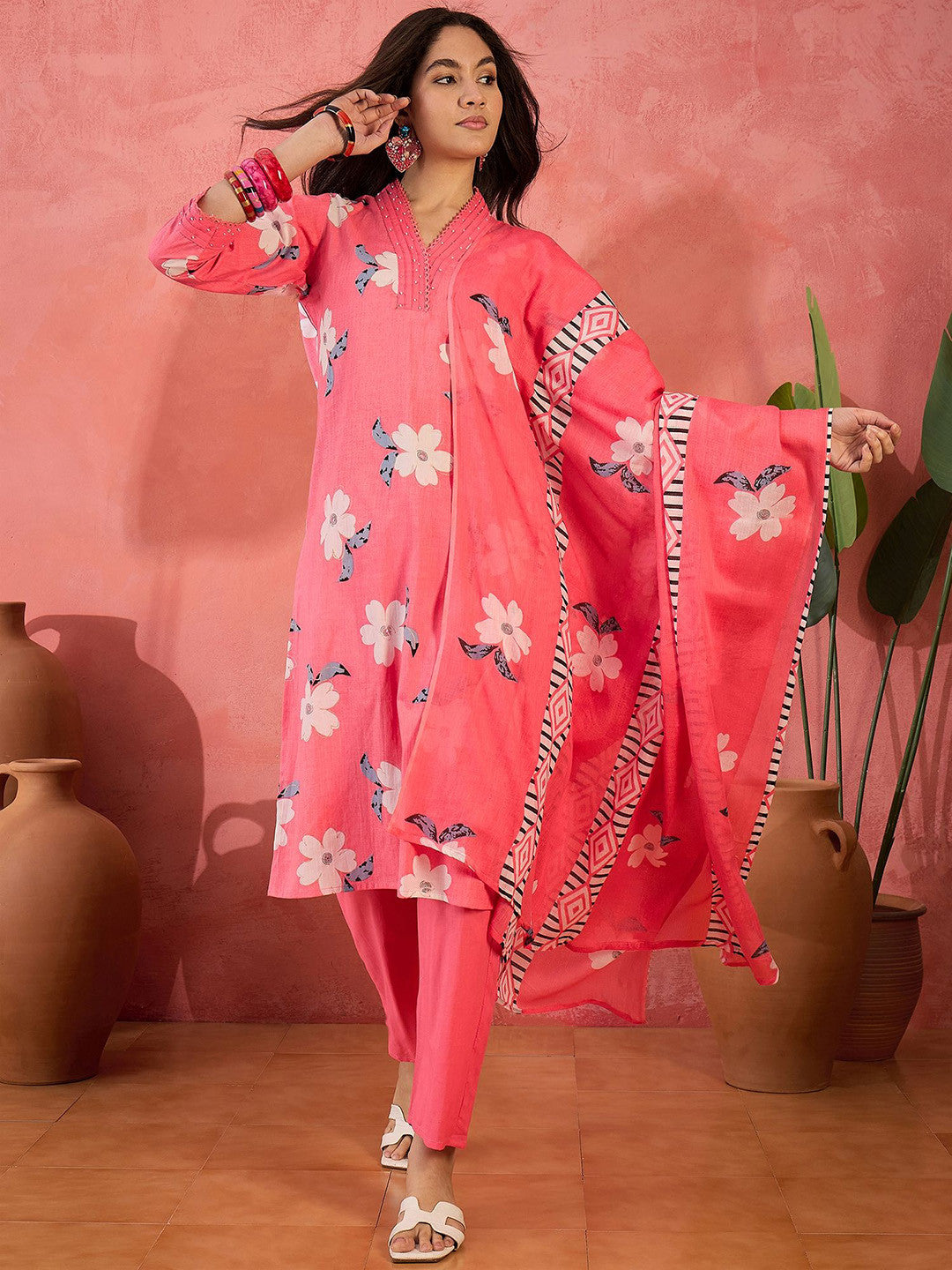 Floral Printed Pure Cotton Straight Kurta & Trousers With Dupatta
