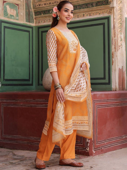 Dhiyona RR Women's Printed Chanderi Cotton Kurta with Trousers & Dupatta
