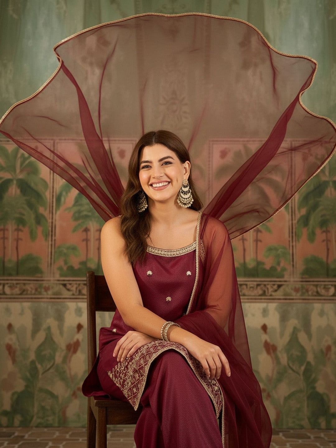 Embroidered Round Neck Kurta & Palazzos With Dupatta
