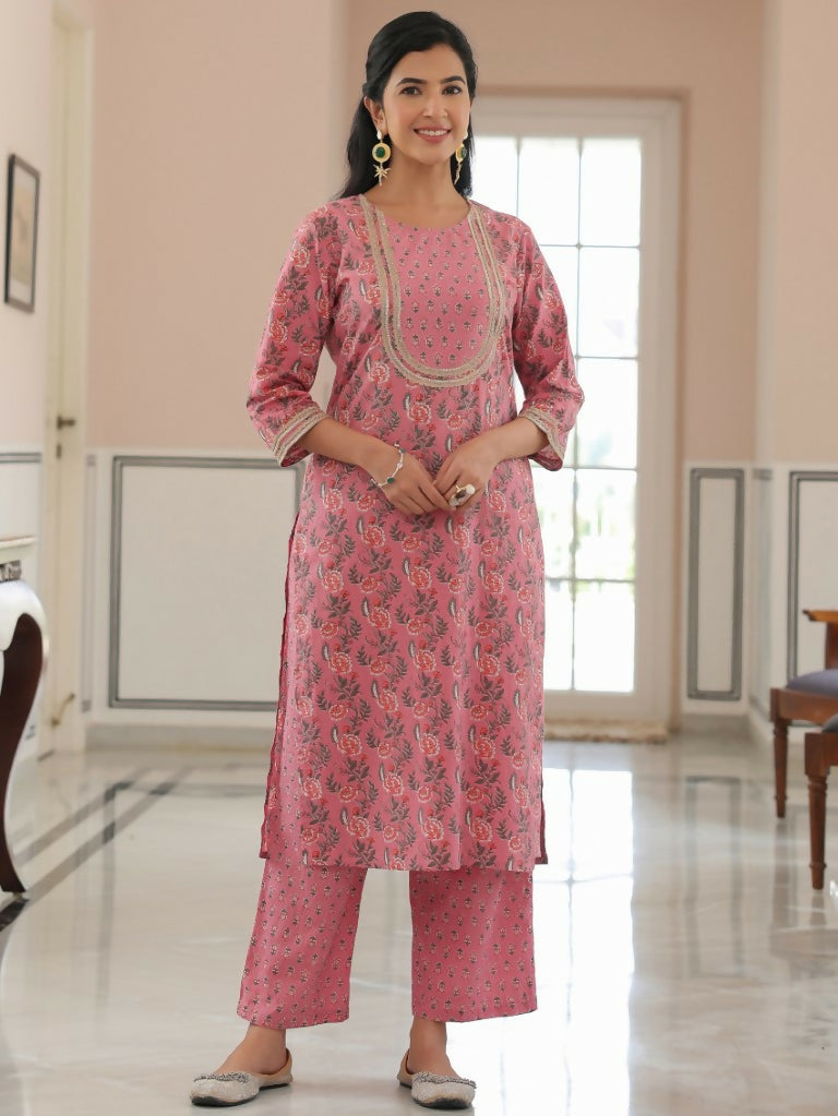 Women's Straight Soft Cotton Floral Print Women's Kurta Set - Pink