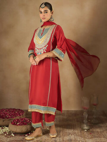 Women's Red Embroidered Straight Kurta Trousers With Dupatta Set