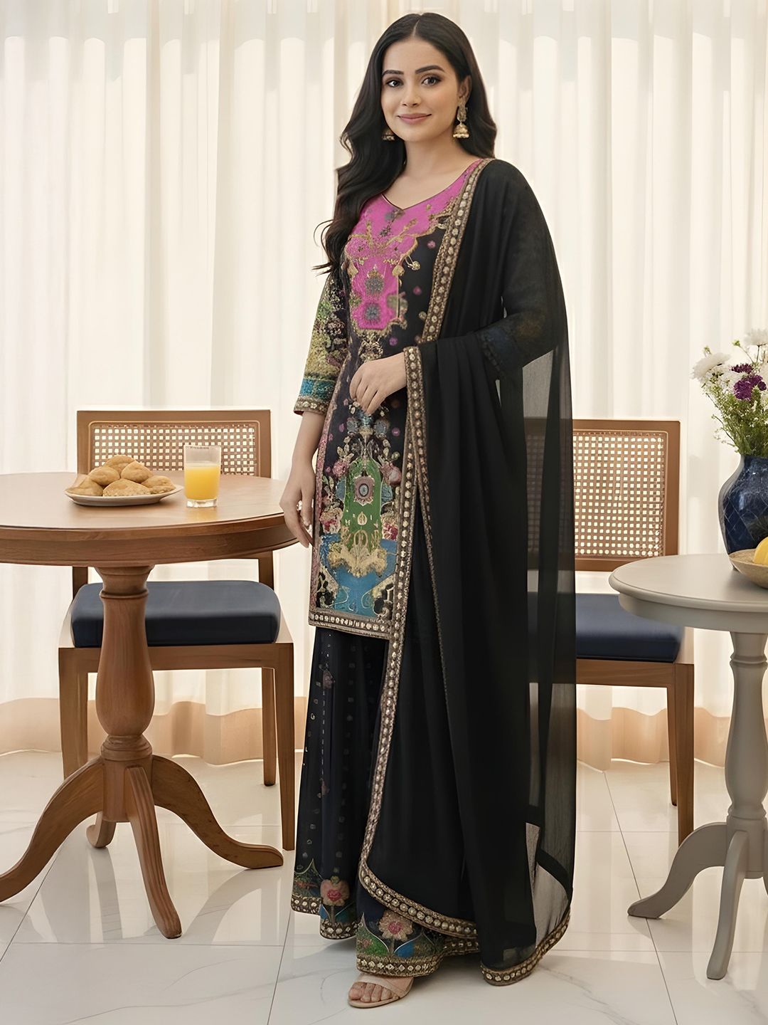 Dhiyona AN Women Ethnic Motifs Printed Panelled Gotta Patti Silk Crepe Kurta with Sharara & With Dupatta