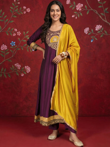 Women Ethnic Motifs Embroidered Regular Kurta with Trousers & With Dupatta