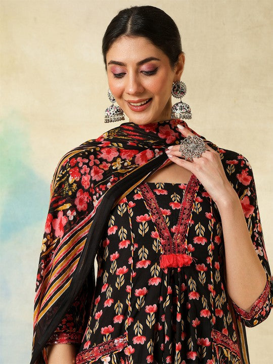 Women's Women Floral Printed Regular Pure Cotton Kurta with Trousers & With Dupatta