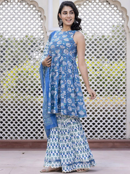 Dhiyona KL Floral Printed Anarkali Pure Cotton Kurta With Palazzos & Dupatta