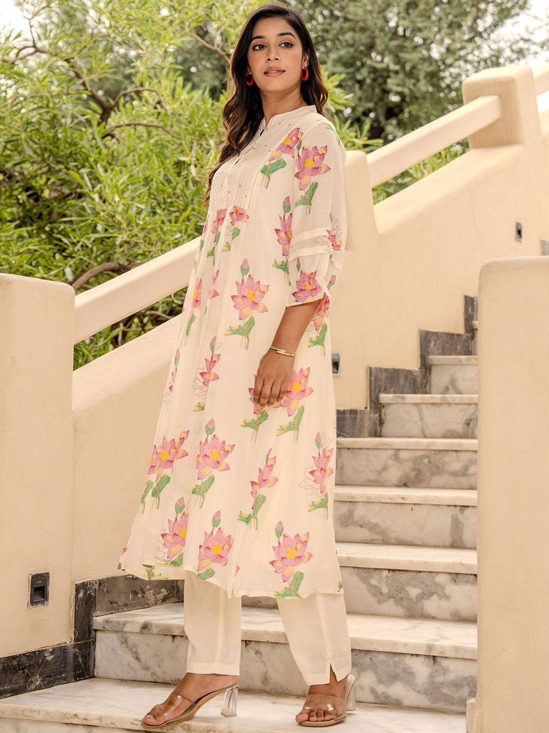 Dhiyona IE Printed Pure Cotton Mandarin Collared Top With Trousers Co-Ords