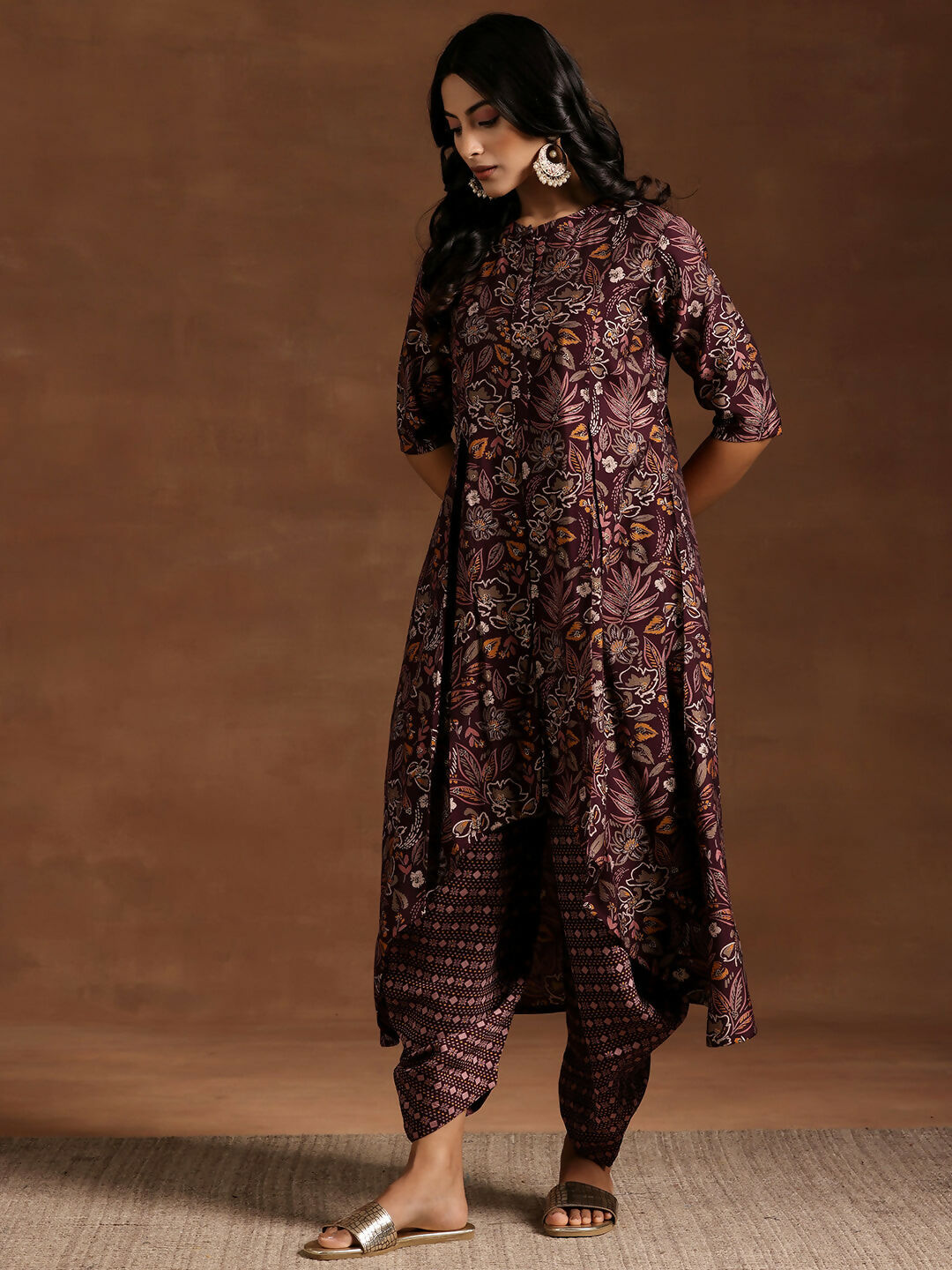 Women's LB Wine Printed Silk Blend A-line Kurta With Salwar