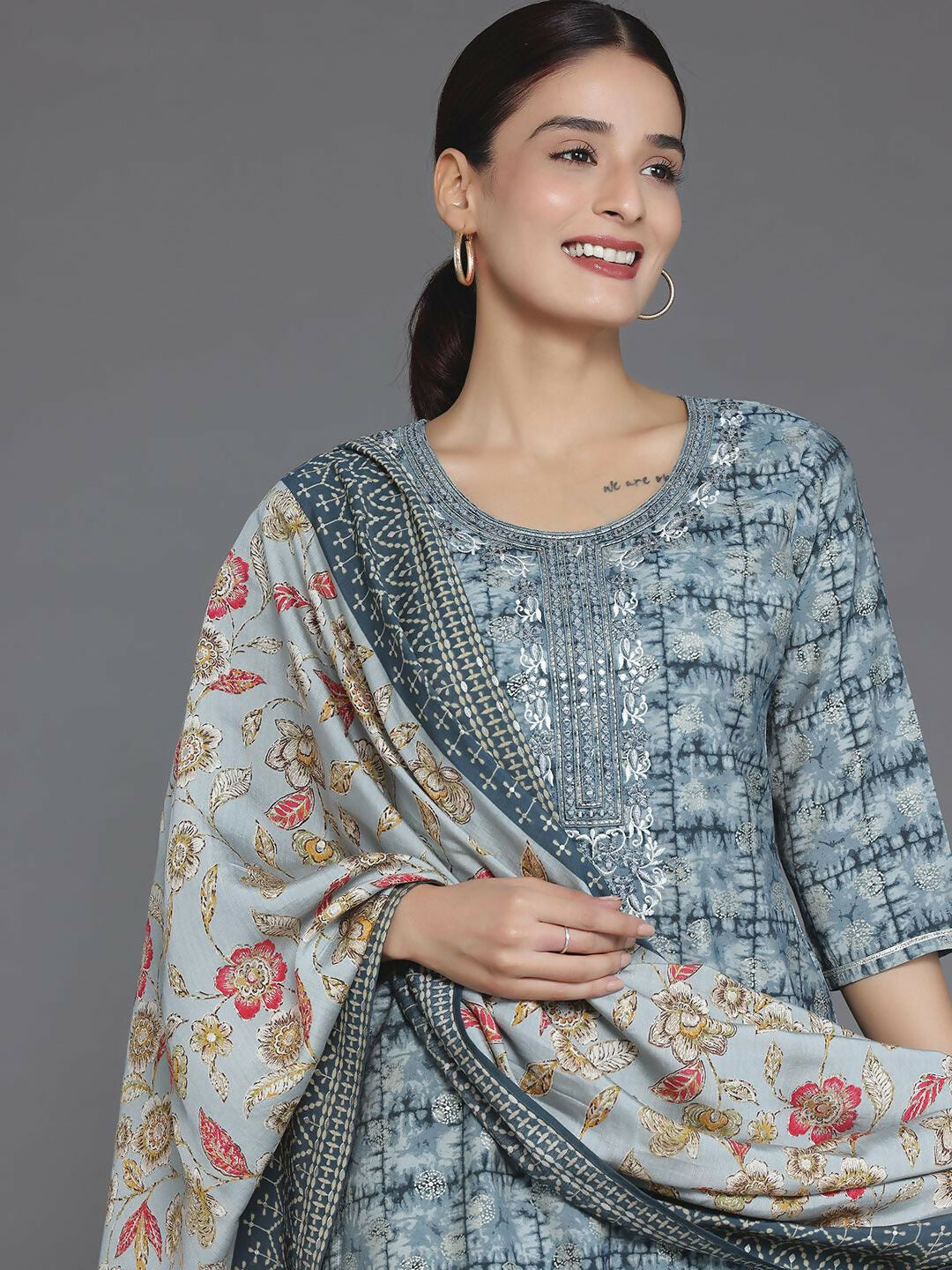 Women's LB Grey Printed Silk Blend Straight Suit With Dupatta