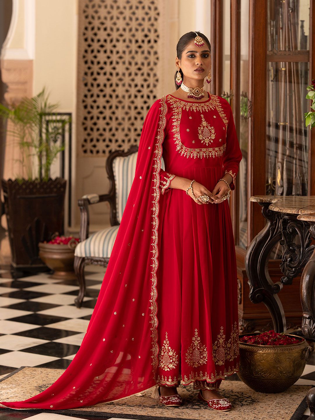 Dhiyona CH Women Ethnic Motifs Embroidered Anarkali Kurta with Trousers & Dupatta