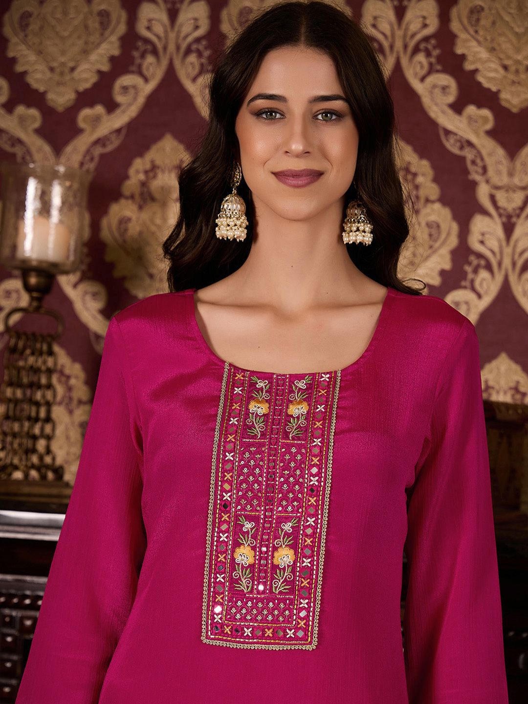 Dhiyona CH Women Floral Embroidered Pleated Kurta with Trousers