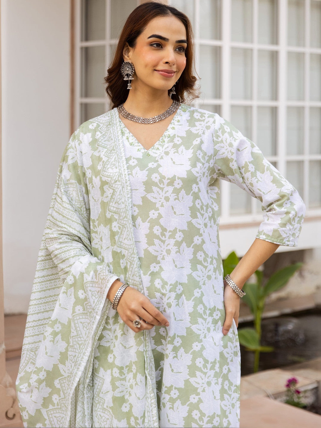 Printed Pure Cotton Straight Kurta With Trousers & Dupatta