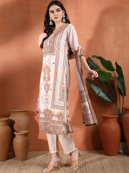Ethnic Motifs Printed Pure Cotton Straight Kurta with Trouser & Dupatta