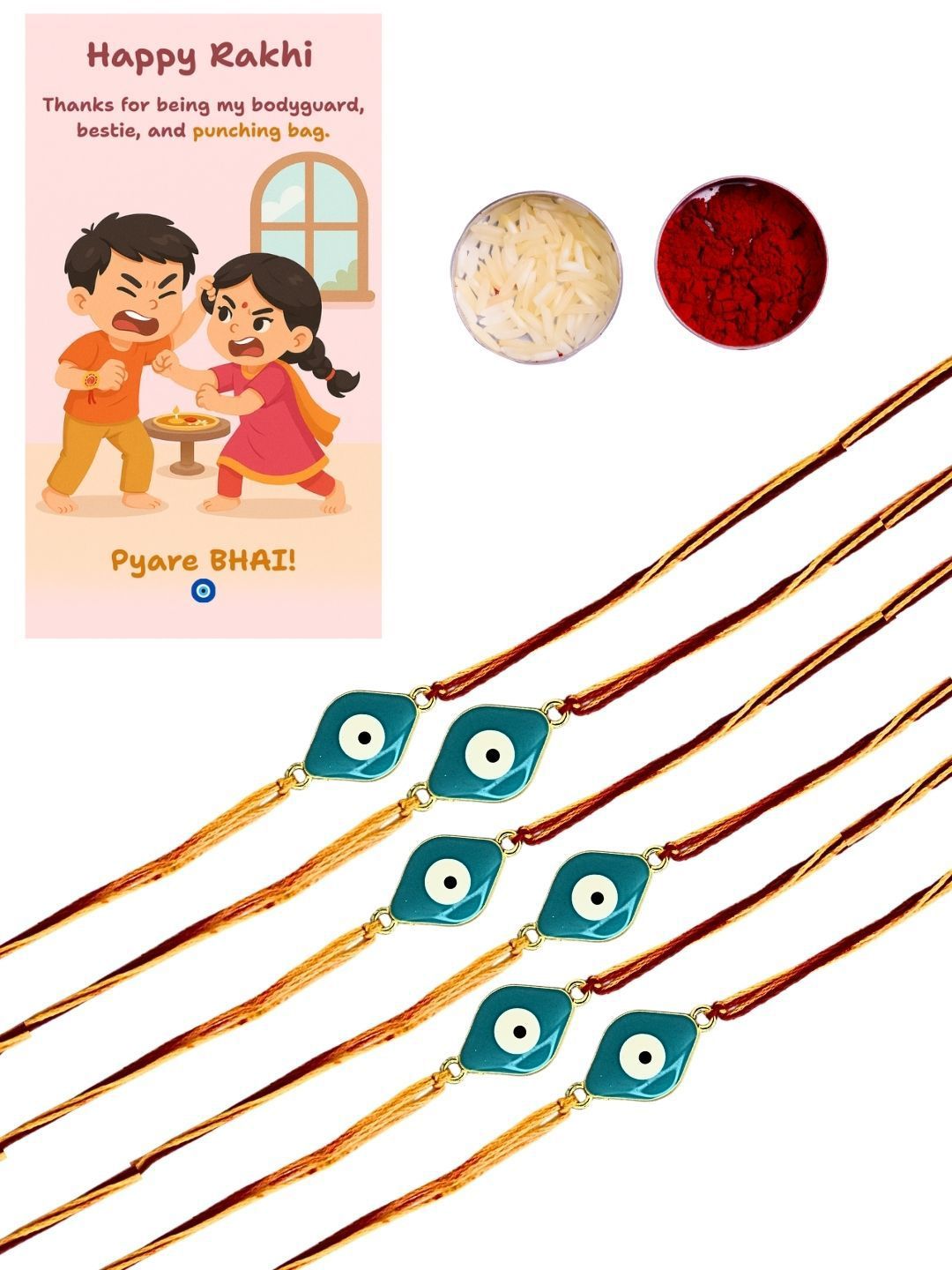 Dhiyona Set Of 6 Evil Eye Thread Rakhis With Card Roli & Chawal