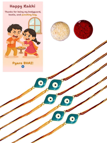 Dhiyona Set Of 6 Evil Eye Thread Rakhis With Card Roli & Chawal