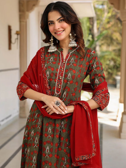 Dhiyona RR Women's Ethnic Motifs Printed Regular Pure Cotton Kurta with Trousers & With Dupatta