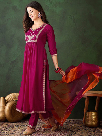 Floral Embroidered Zari A Line Kurta With Trousers