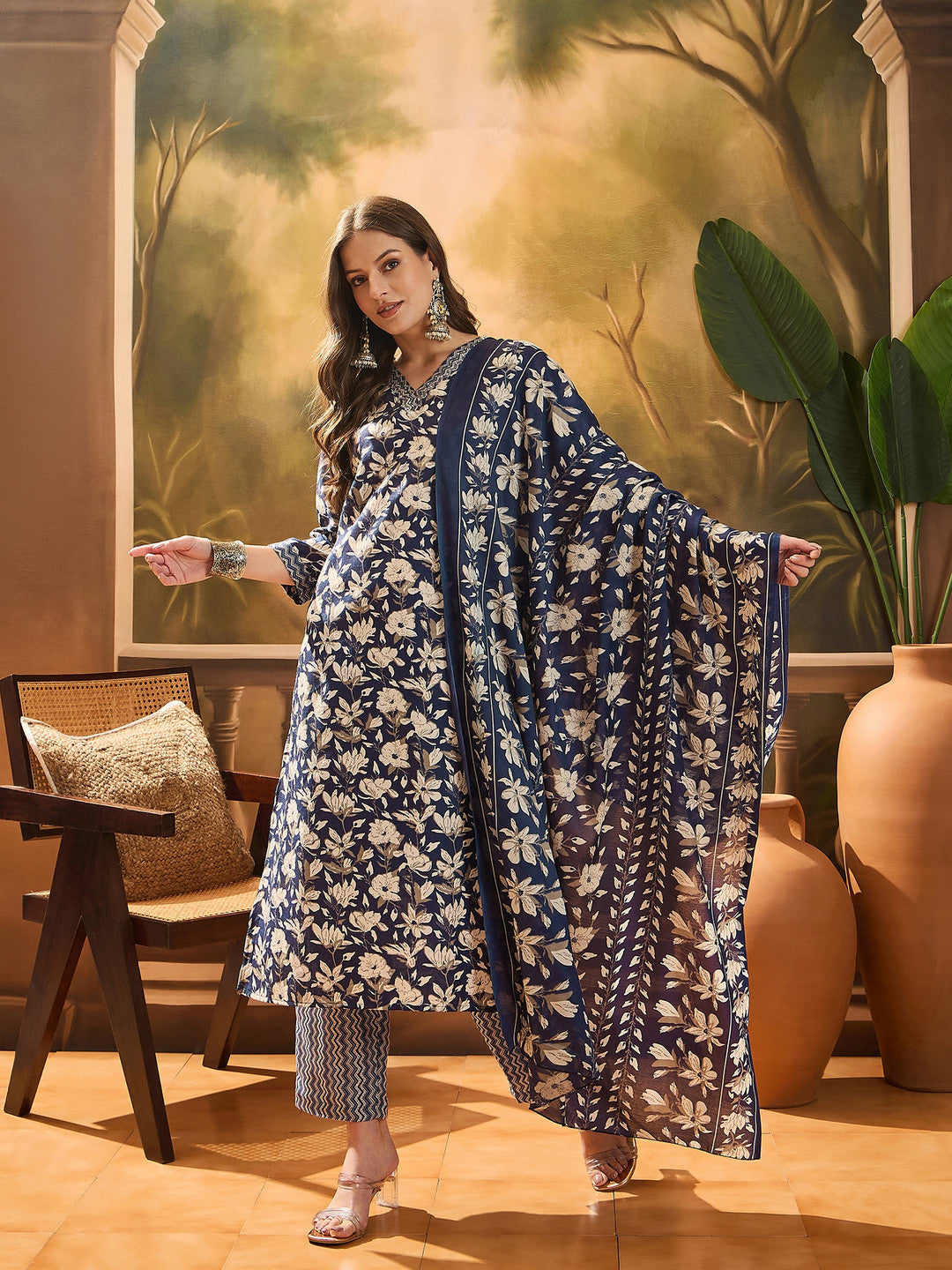 Women's Blue Ethnic Printed Cotton Blend Straight Kurta Pant Dupatta Set