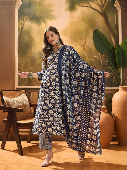 Women's Blue Ethnic Printed Cotton Blend Straight Kurta Pant Dupatta Set