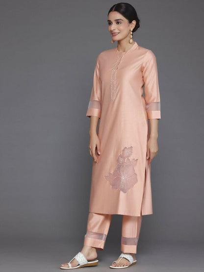 Women's LB Peach Solid Silk Blend Straight Suit With Dupatta