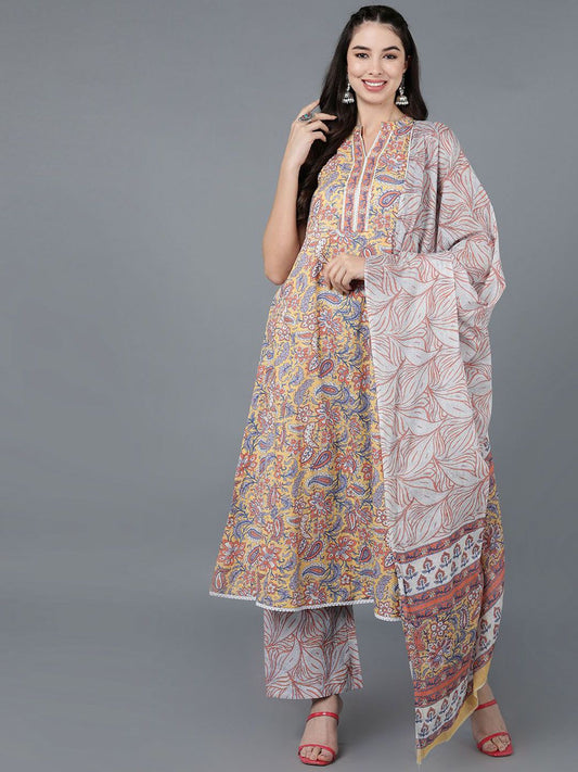 Dhiyona KL Floral Printed Pure Cotton Anarkali Kurta with Trousers & Dupatta