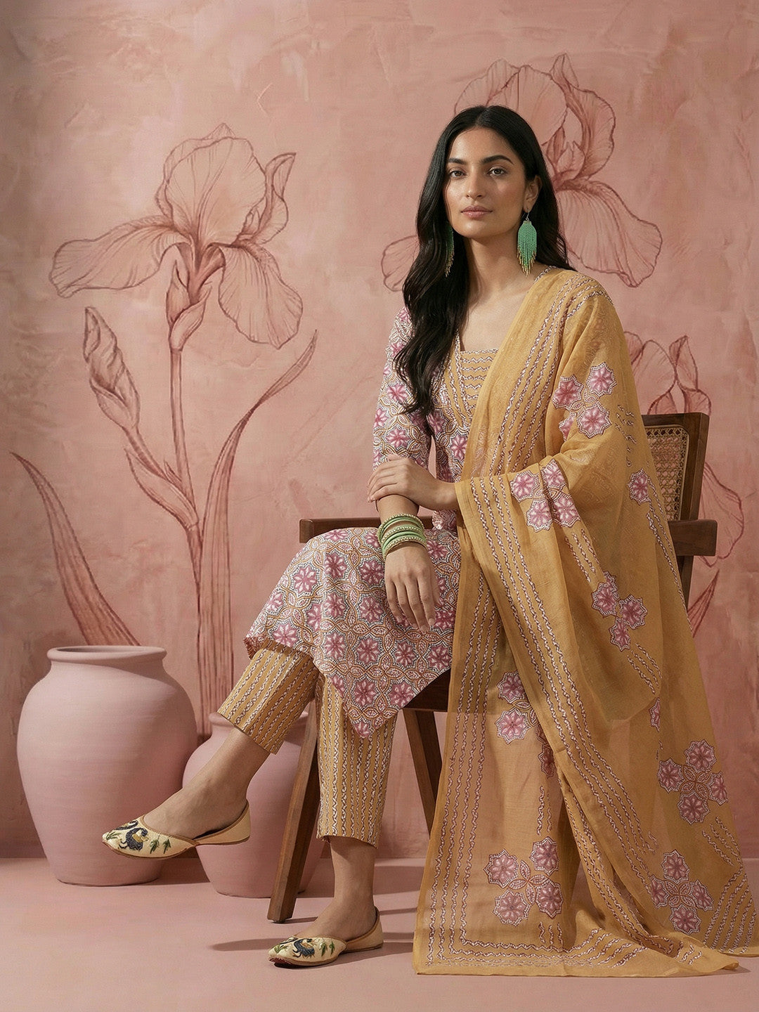 Floral Printed Sequinned Regular Pure Cotton Kurta with Pyjamas & Dupatta