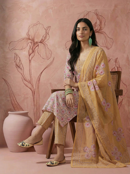 Floral Printed Sequinned Regular Pure Cotton Kurta with Pyjamas & Dupatta