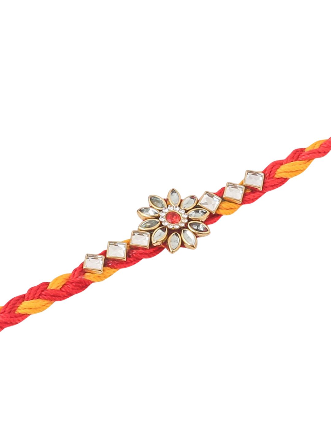 Dhiyona Men Set Of 6 Red & Yellow Kundan Studded Floral Design Thread Rakhi With Roli Chawal