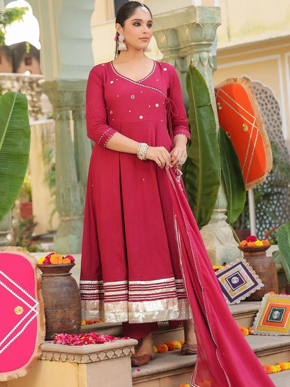 Dhiyona RR Women's Geometric Embroidered Anarkali Pure Cotton Kurta With Trousers & Dupatta