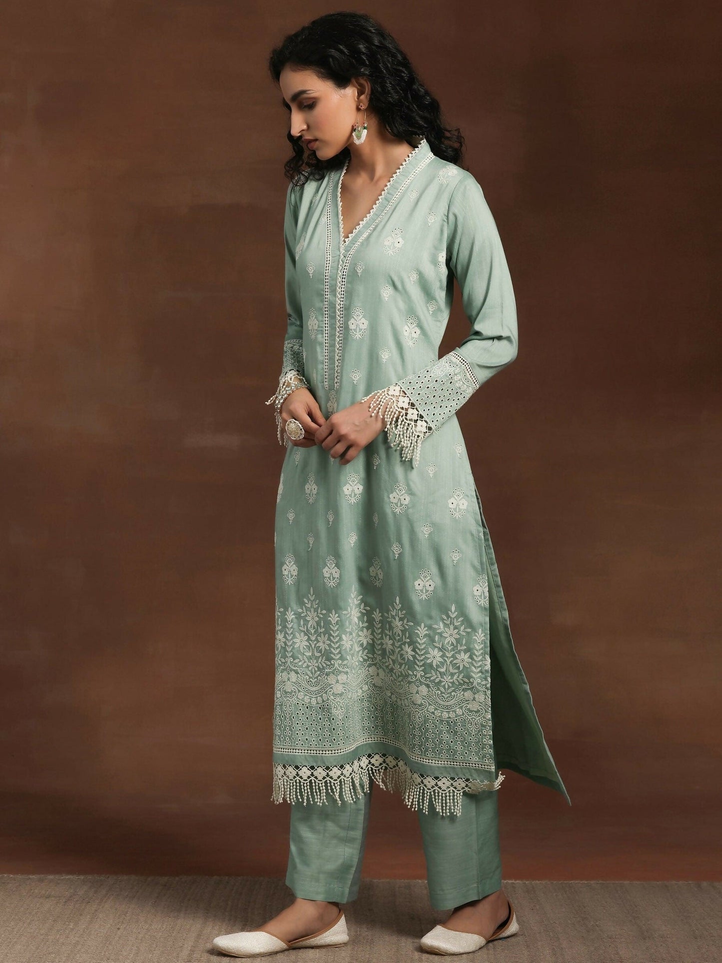 Women's LB Green Embroidered Silk Blend Straight Suit With Dupatta