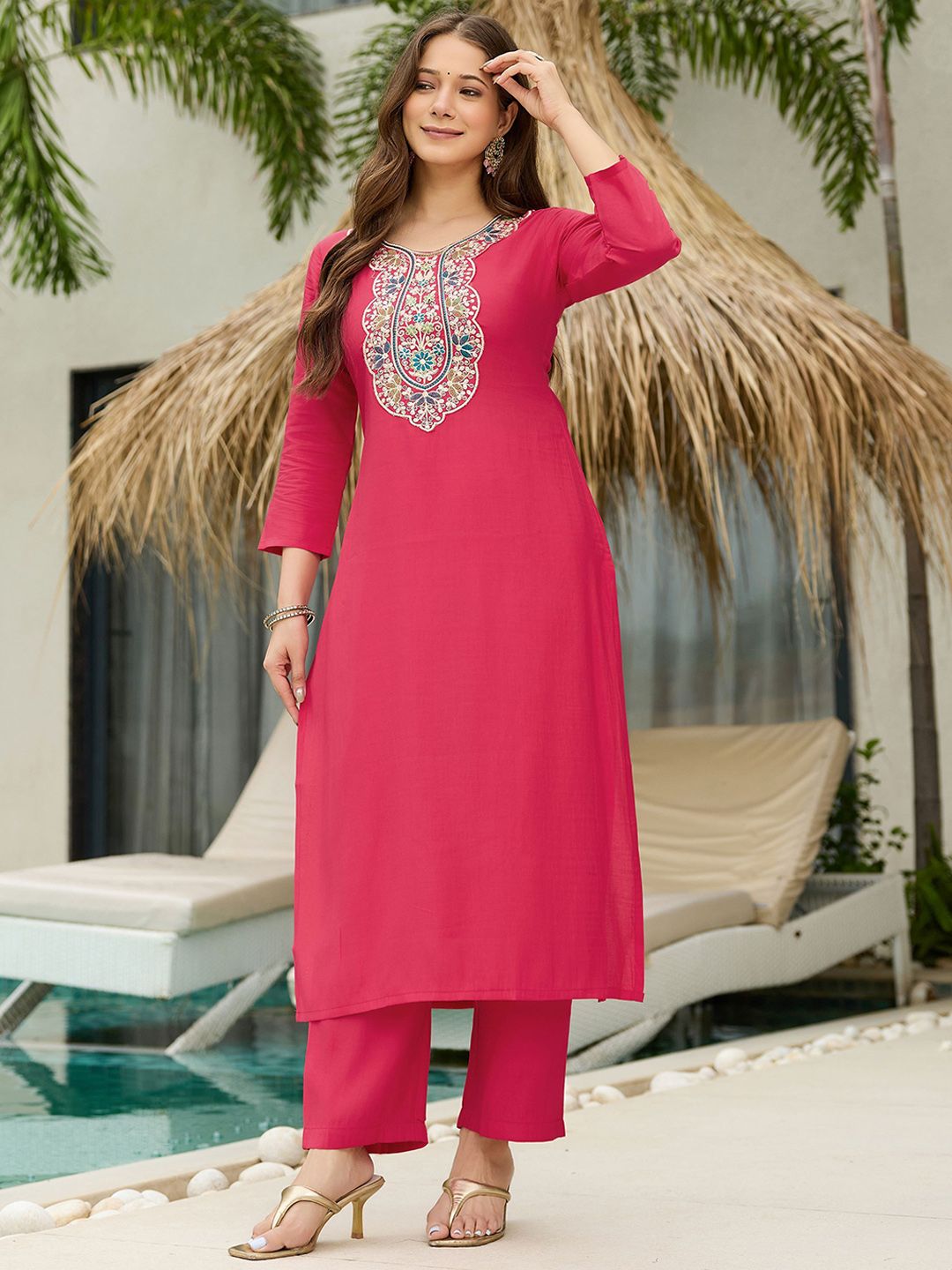 Dhiyona KL Women Solid Embroidered Kurta with Trousers & Dupatta