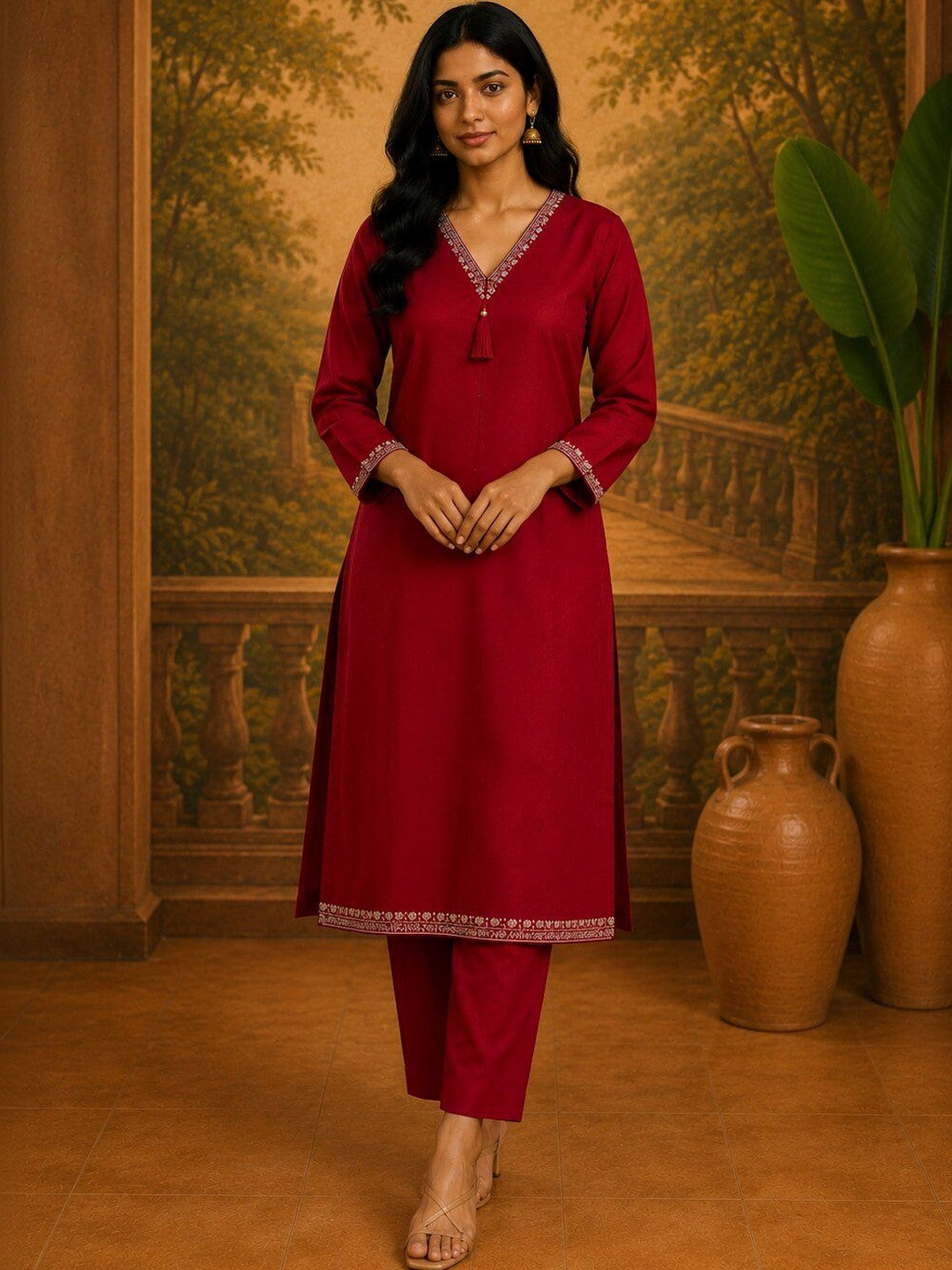 Dhiyona SN Women Embroidered V-Neck Straight Kurta & Trousers
