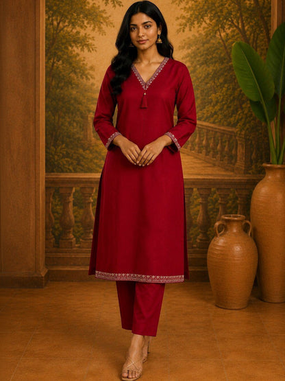 Women Embroidered V-Neck Straight Kurta & Trousers