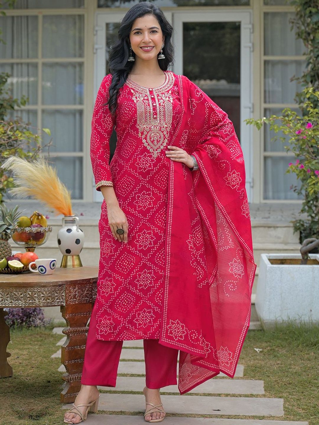 Dhiyona KL Women Bandhani Printed Regular Mirror Work Kurta with Trousers & With Dupatta