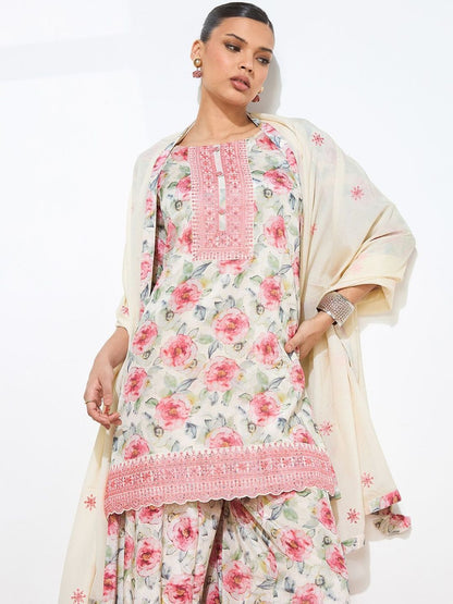 Dhiyona KL Women Floral Printed Regular Thread Work Kurta with Palazzos & With Dupatta