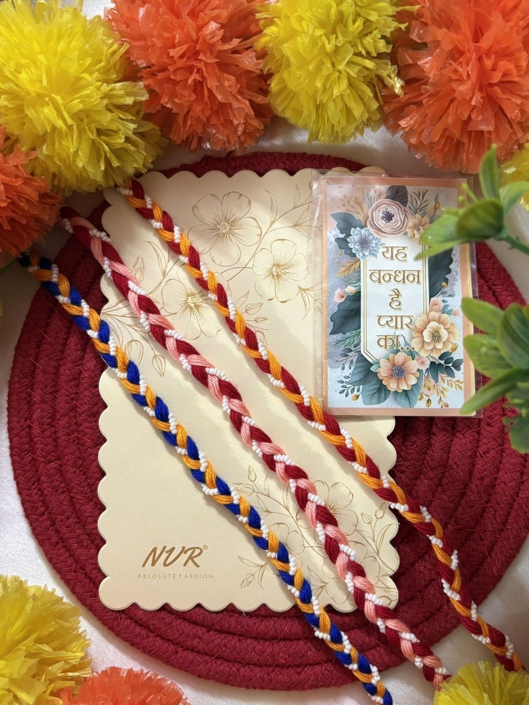 Dhiyona Set Of 3 Multicolor Thread Rakhi With Roli Chawal Chandan Mishri