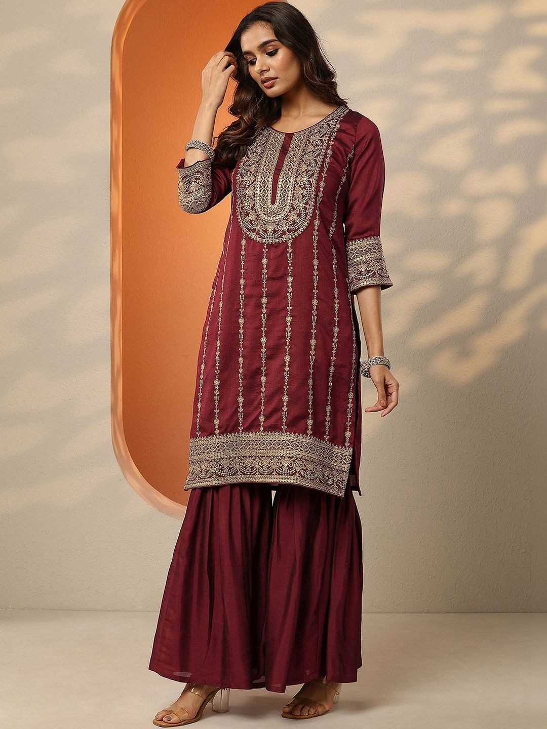 Dhiyona LL Women Ethnic Motifs Embroidered Regular Thread Work Kurta with Sharara & With Dupatta