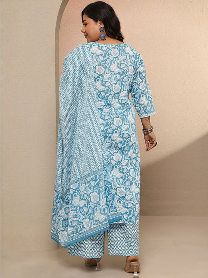 Dhiyona Women's Plus Size Floral Printed Regular Kurta with Palazzos & With Dupatta