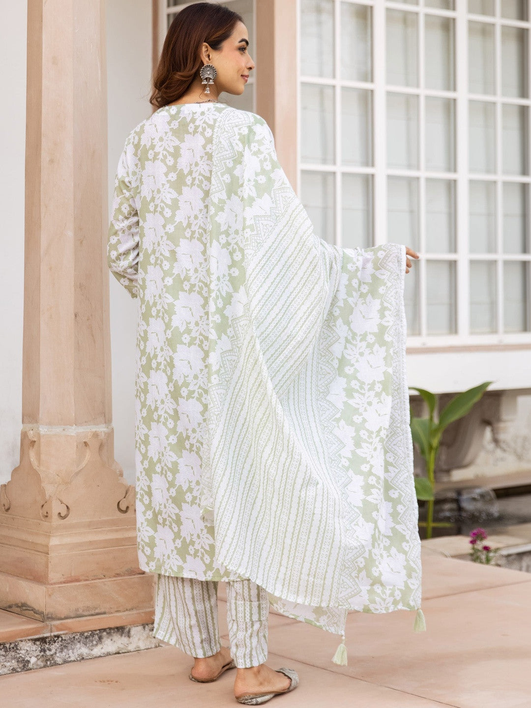 Printed Pure Cotton Straight Kurta With Trousers & Dupatta