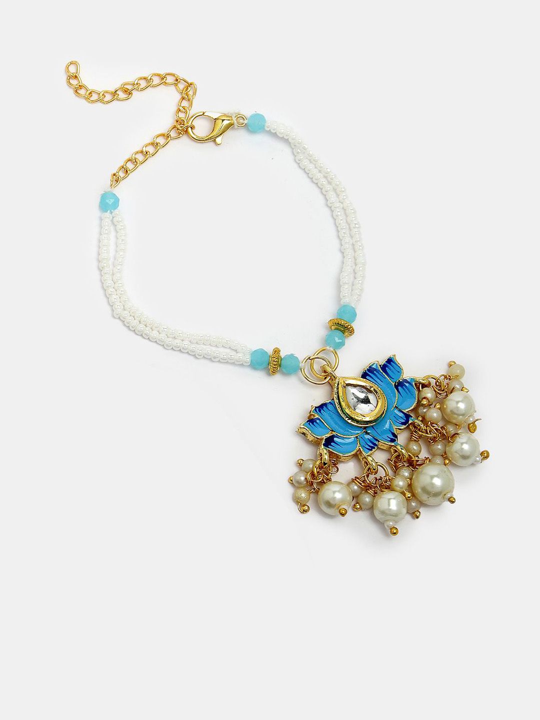 Dhiyona Unisex Set Of 2 Blue Lotus Shape Kundan-Studded & Beaded Wraparound Rakhi Set