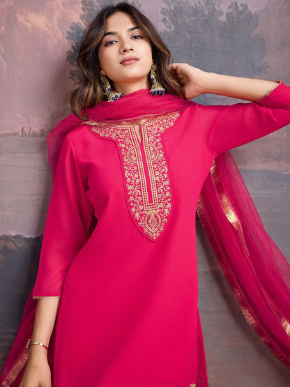 Dhiyona HOP Floral Embroidered Notch Neck Georgette Kurta & Sharara With Dupatta