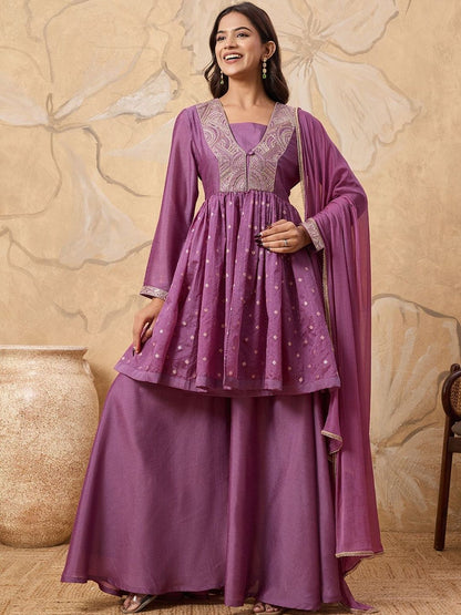 Dhiyona HOP Embroidered A-Line Kurta & Sharara With Dupatta