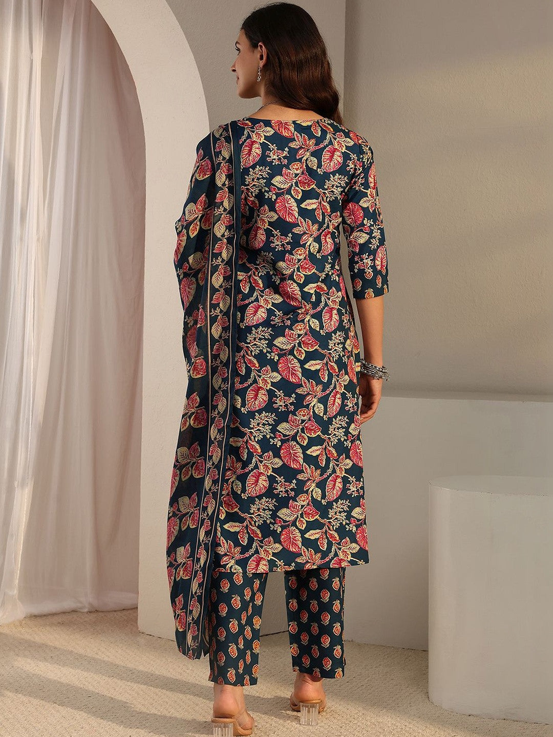 Libas Blue Floral Printed Straight Suit Set with Dupatta